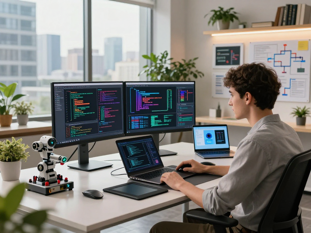 Engineer developing juicy ai solutions in a modern workspace with dual monitors and project boards.