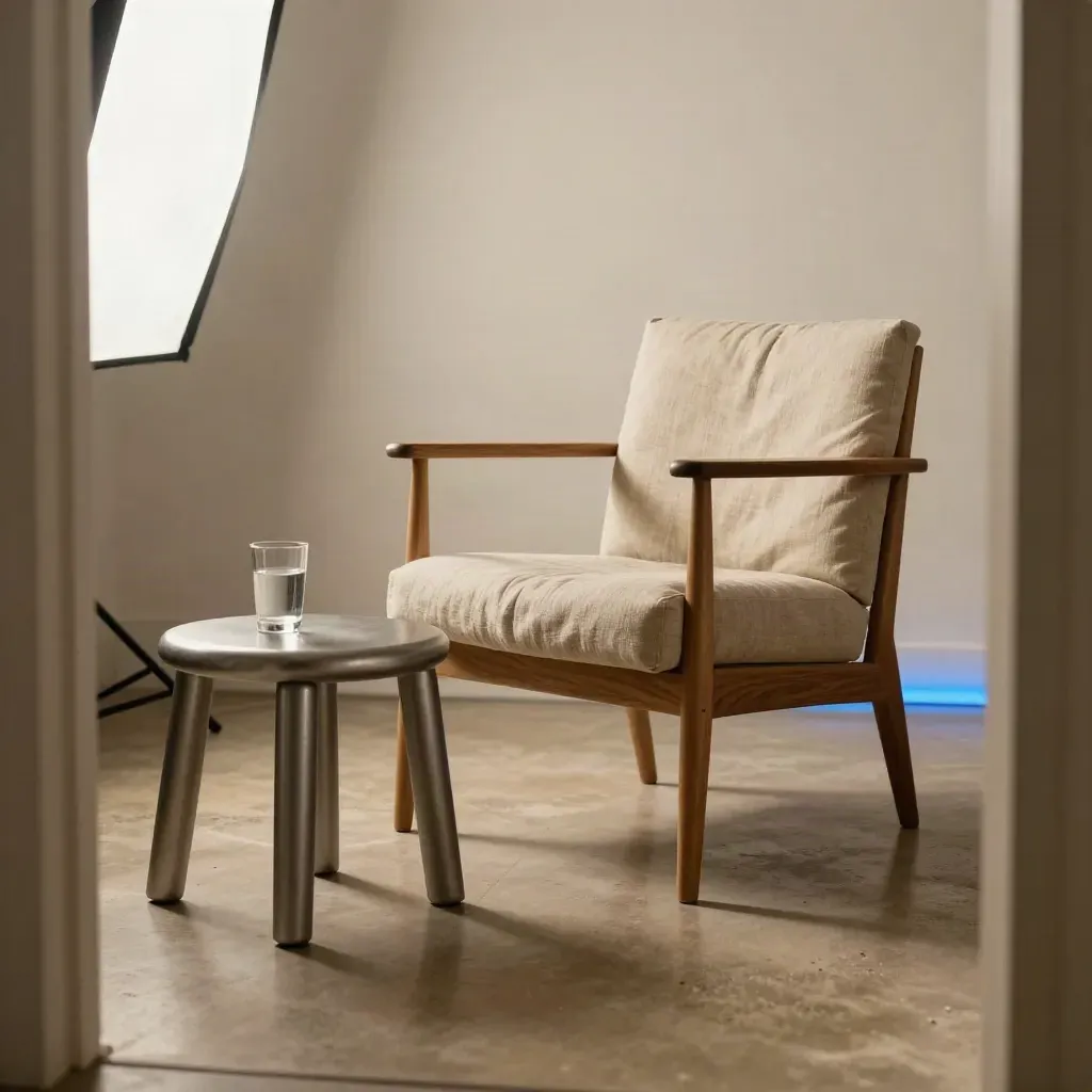 Linen interview chair, stool and water glass in a hazy studio corner with warm window light.