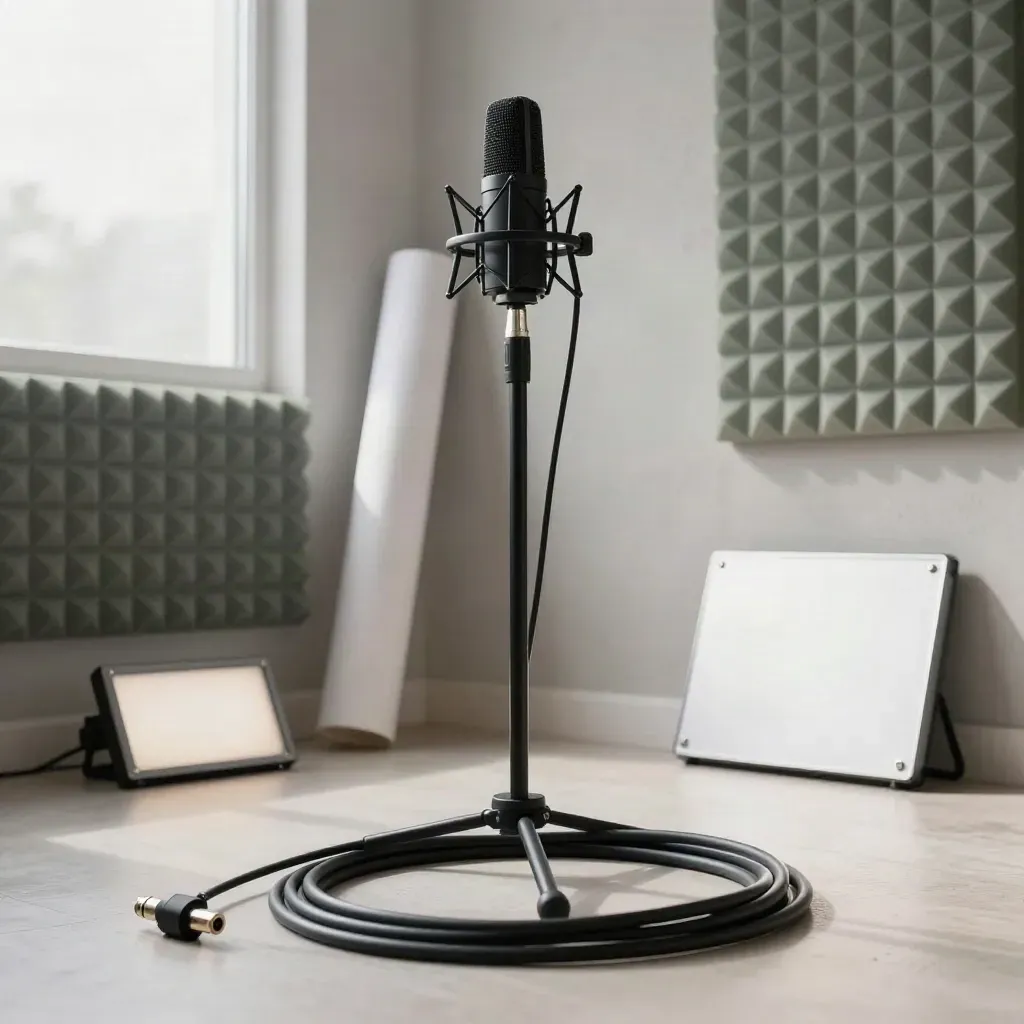 Low-angle studio podcast setup with microphone, cable, LED panel, paper rolls and acoustic foam
