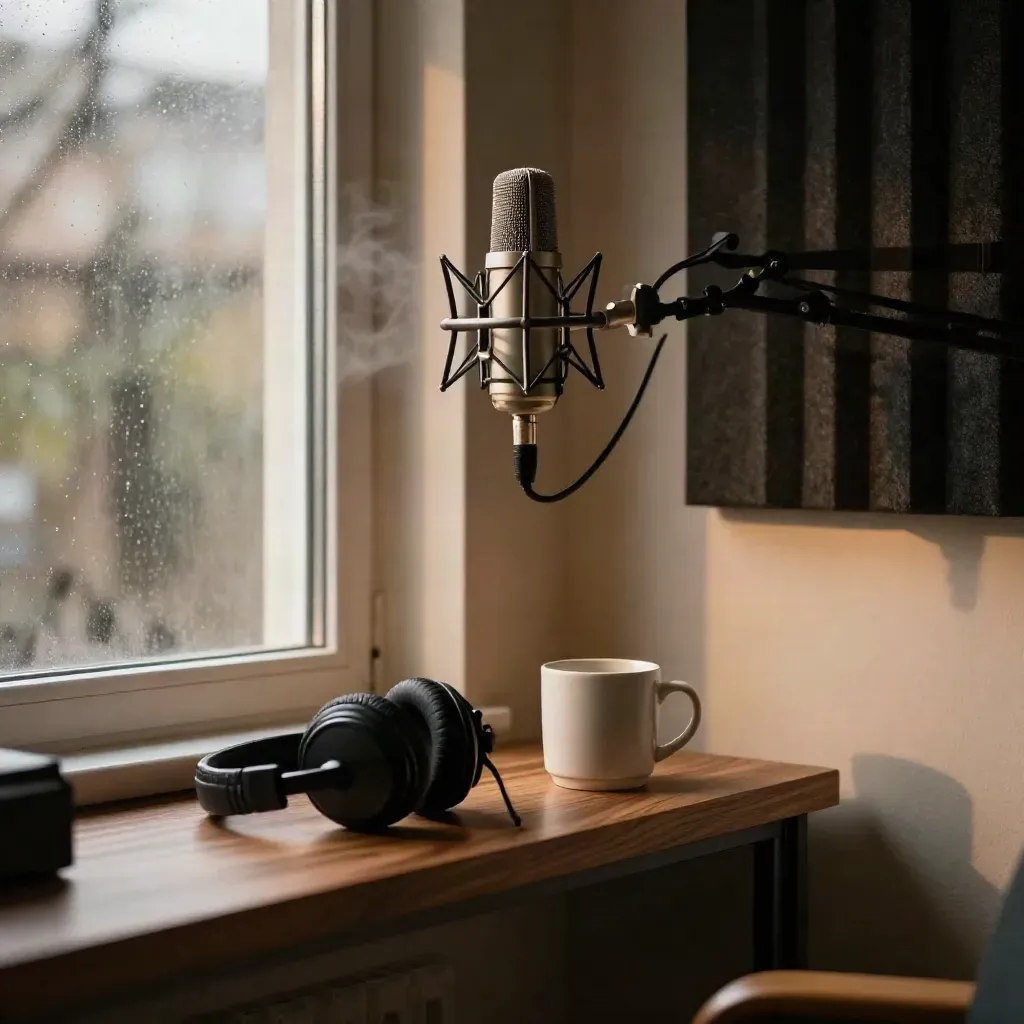 Podcast room with mic, headphones, mug, rain-streaked window, warm afternoon light.