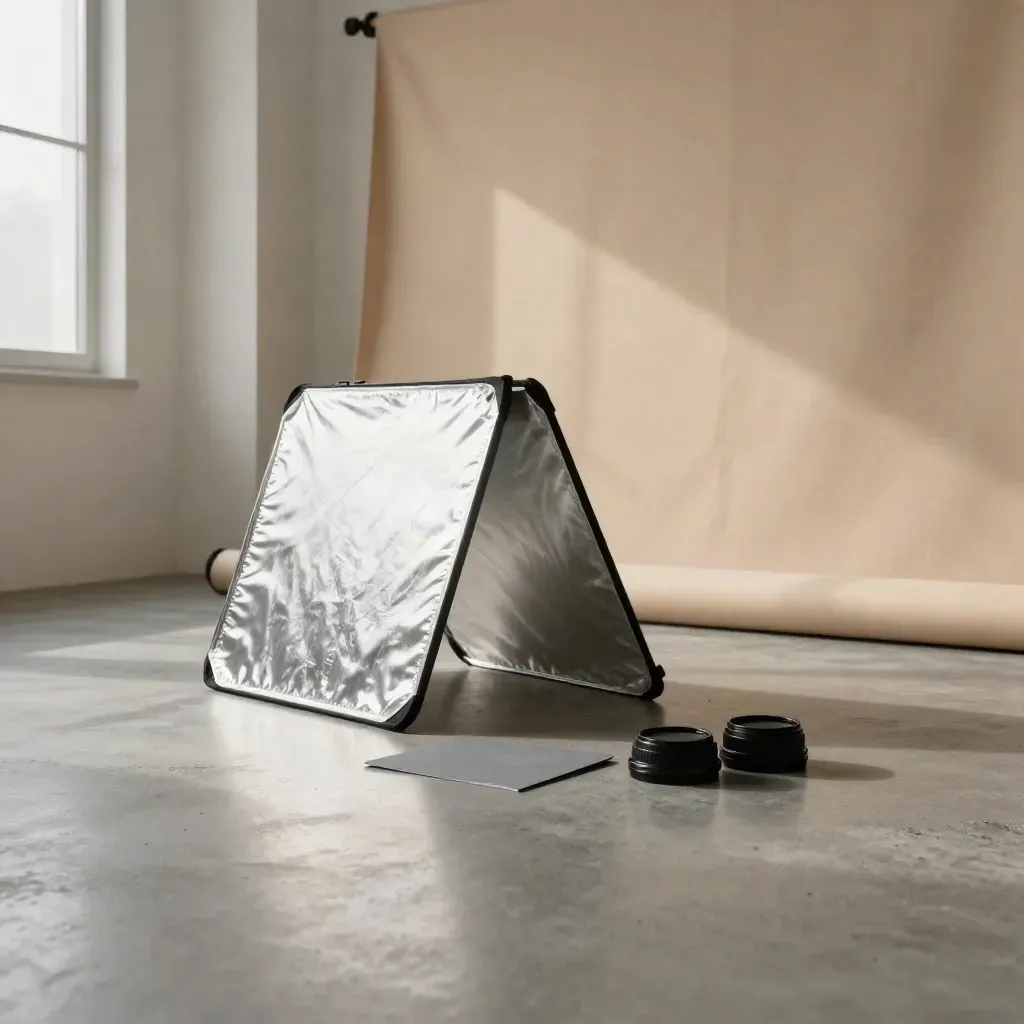 Low-angle studio corner with backdrop, reflector panels, lens caps and grey card on polished concrete.