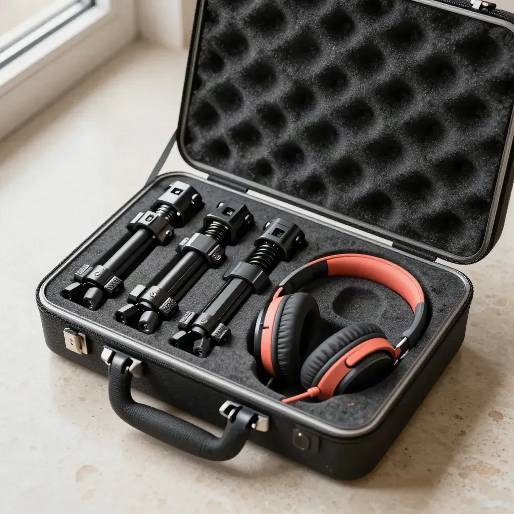 Half-open kit case with mounts, phone clamp, and headphones on pale stone