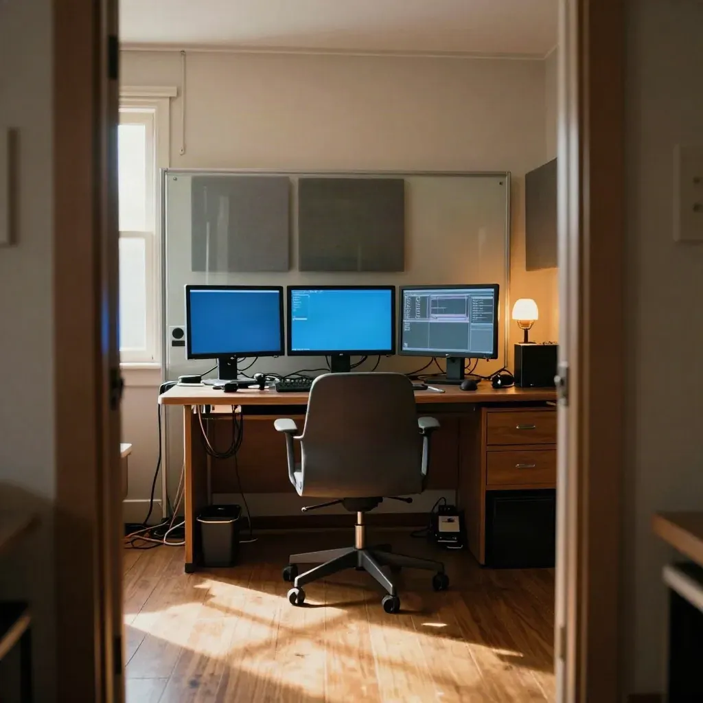 Warm edit suite with three glowing monitors, a swivel chair, and sunlit dust in the doorway.
