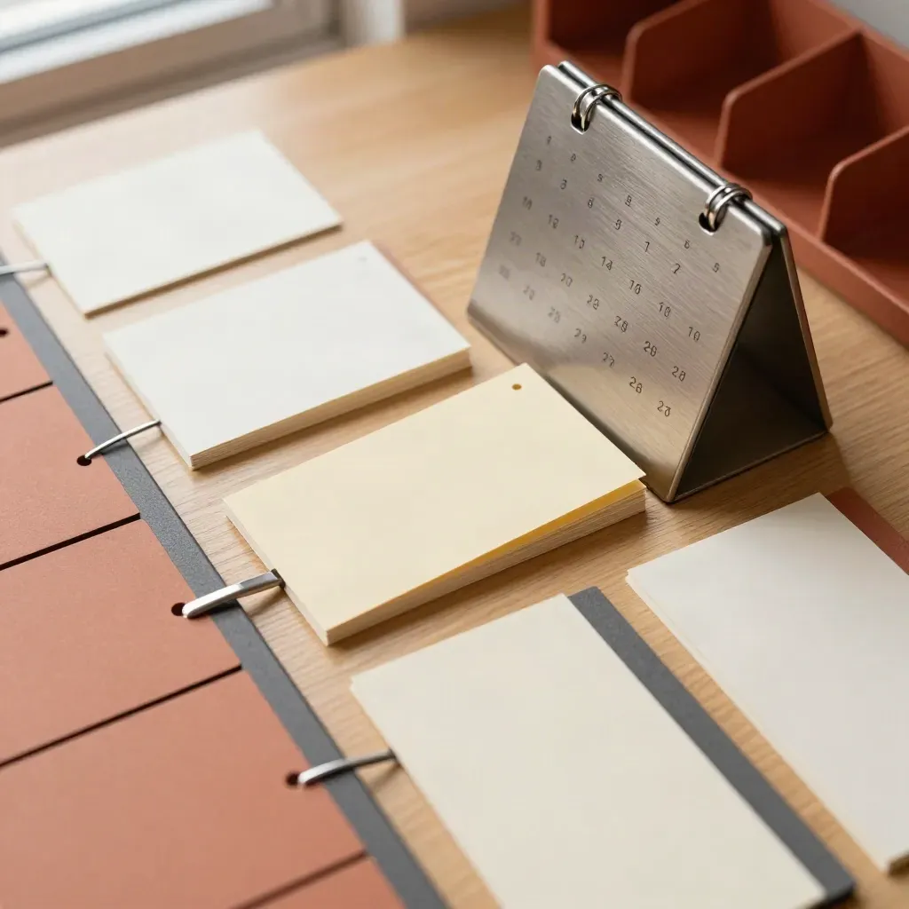 Overhead planning cards and calendar rails laid out in sequence on a desk