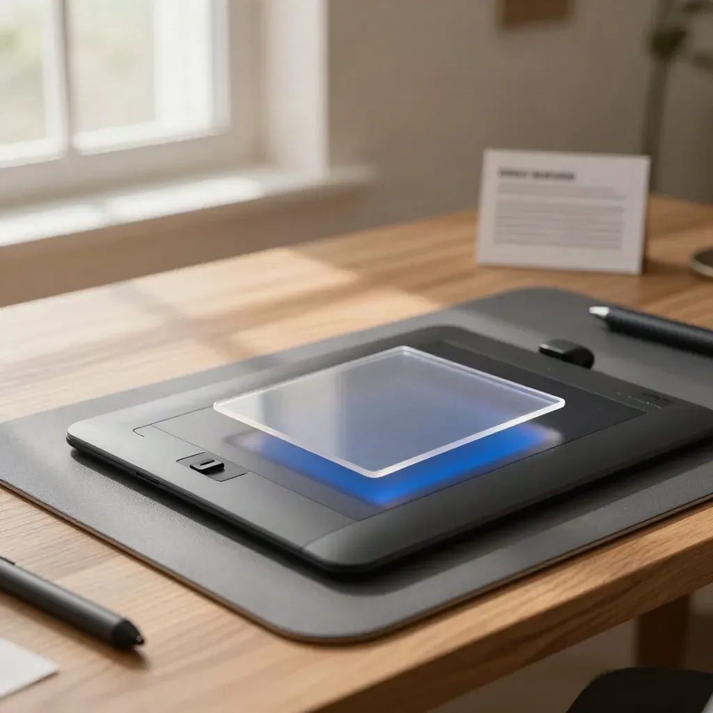 Graphics tablet with stylus and acetate shapes on a warm studio bench, lit by soft window light.