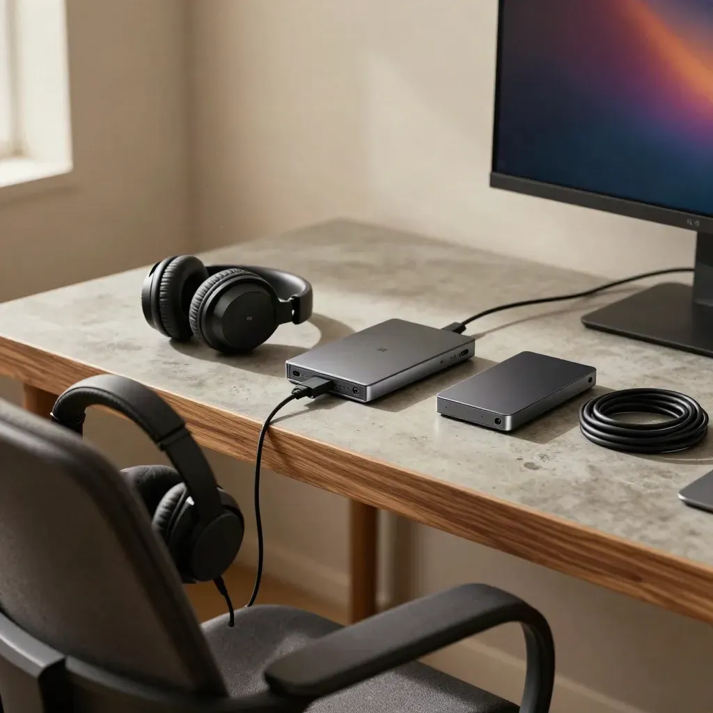 Empty editing chair, headphones, SSD and blurred monitor in a podcast studio workstation.