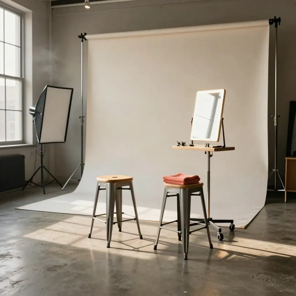 Portrait studio set with backdrop, stools, mirror and softboxes in warm late-afternoon light.