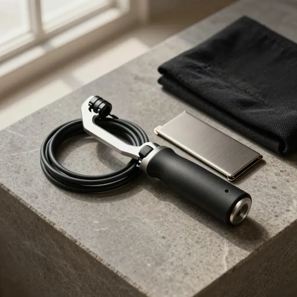 Gimbal handle, coiled cable, SSD and black cloth on stone in soft window light
