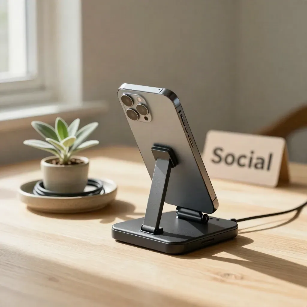 Smartphone on stand with clip-on light, dish and plant on pale wood in soft daylight