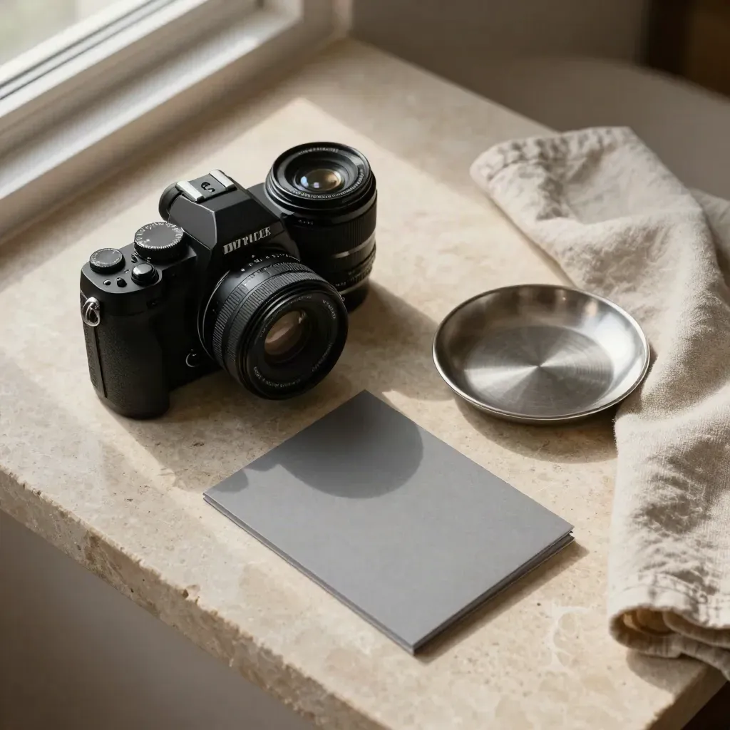 Overhead still life of a camera body, lens, grey card and metal dish on a limestone tray.
