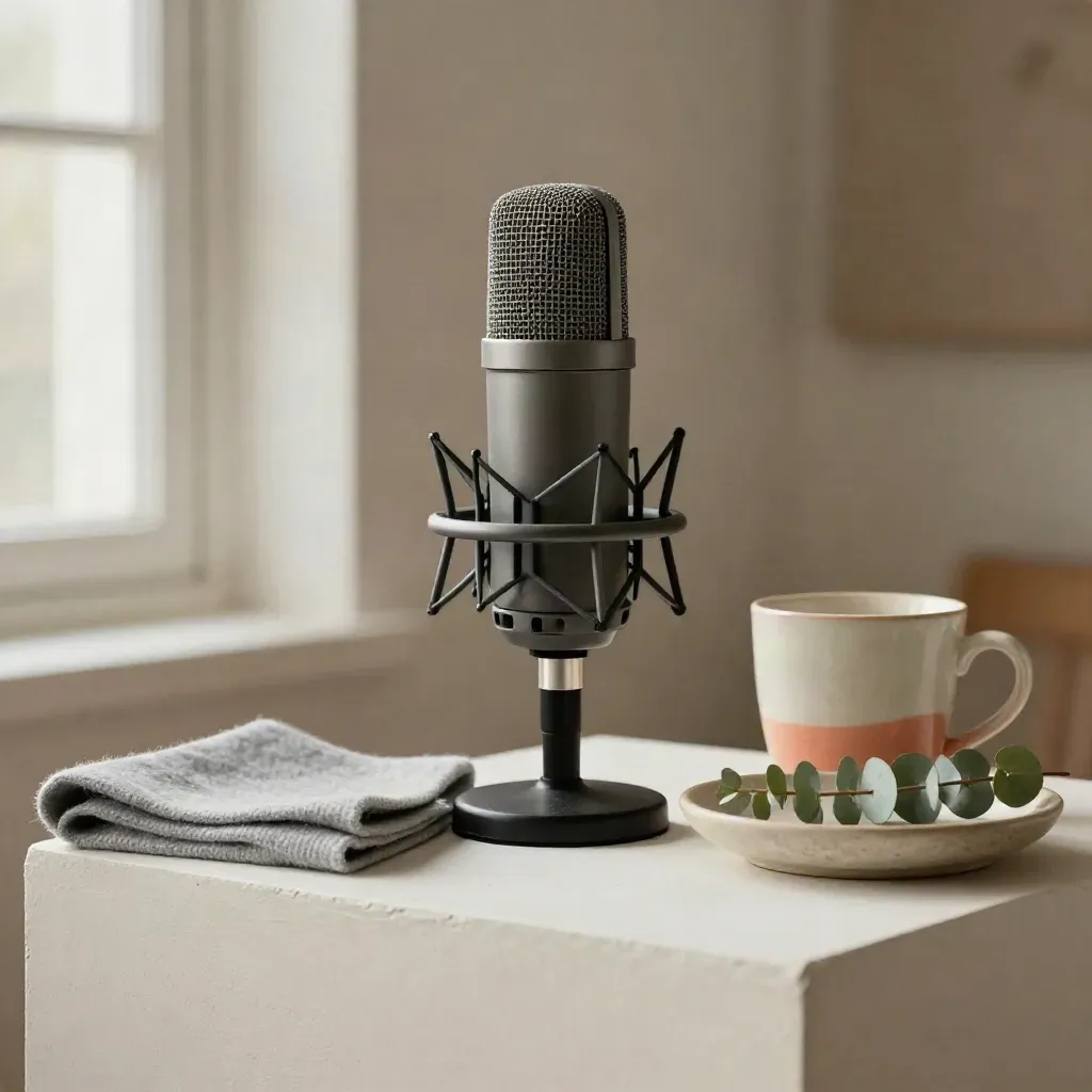 Broadcast mic, felt cloth, ceramic cup and eucalyptus on plaster, soft misty window light.