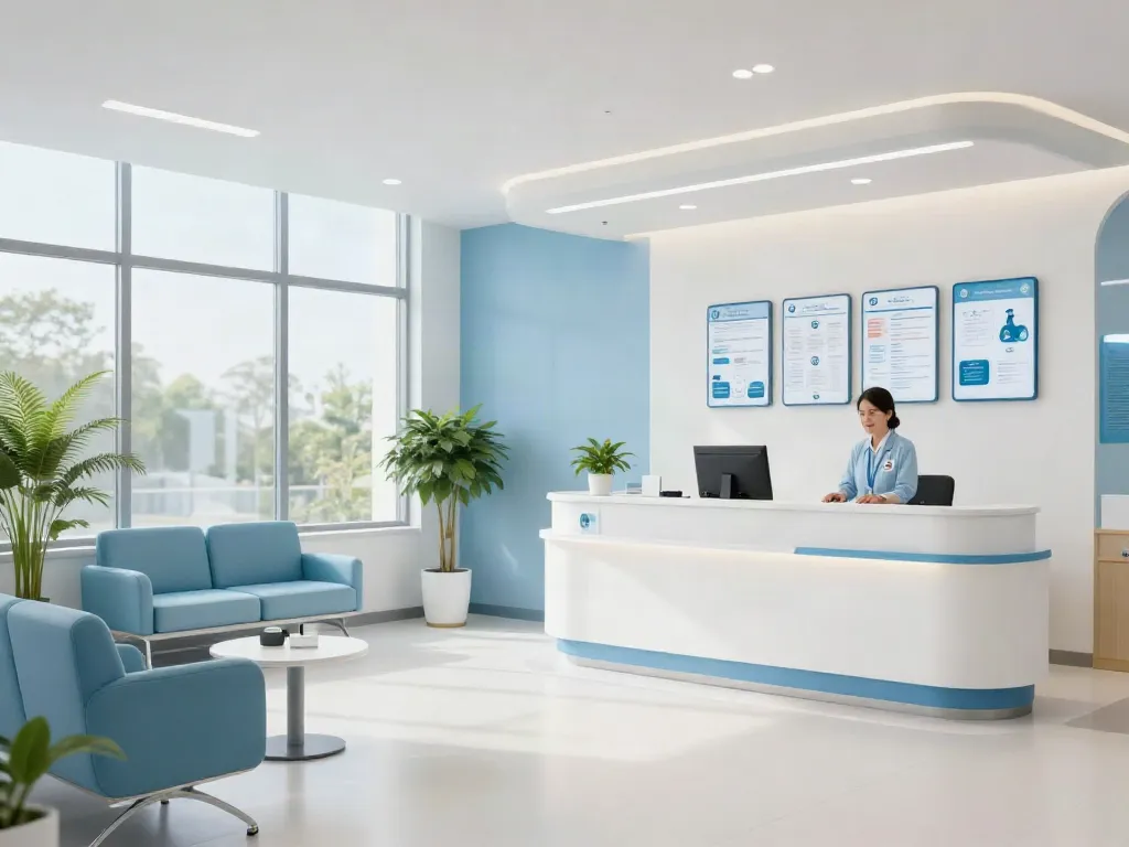 Pharmacy Weight Loss clinic reception area promoting medical services and patient care online.